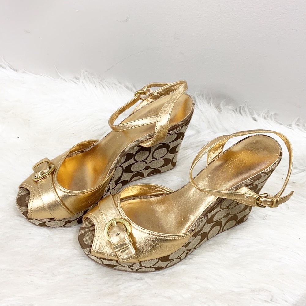 Coach Gold Maxina Sling back Wedge Monogram sandals 9b Runs small - Picture 2 of 13
